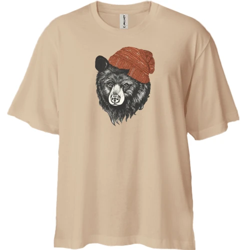 Футболка двунитка Oversize, Бежевый, с ведмедем в шапке