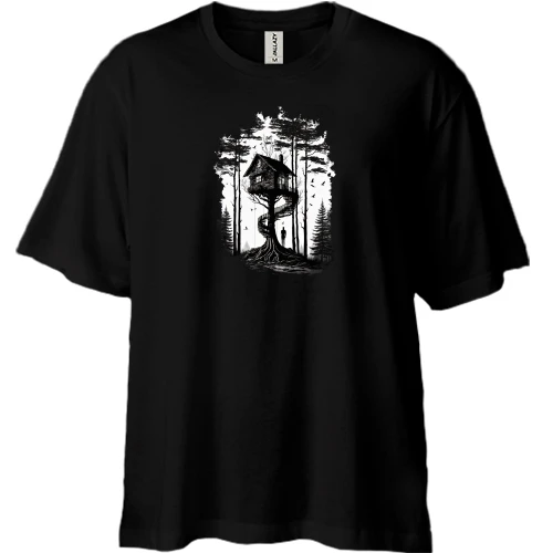 Футболка двунитка Oversize, Черный, "Лесной домик"