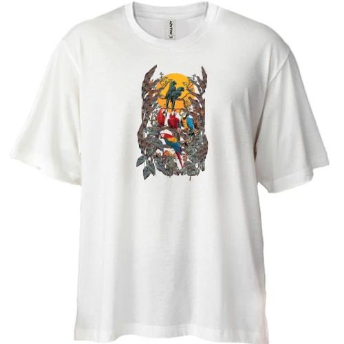 Футболка двунитка Oversize, Белый, "Попугаи арт"
