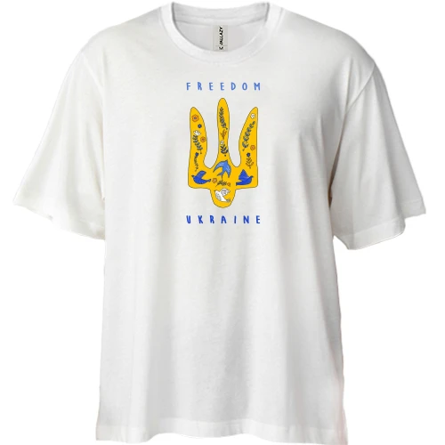 Футболка двонитка Oversize, Білий, з тризубом, квітами та птахами «FREEDOM UKRAINE»