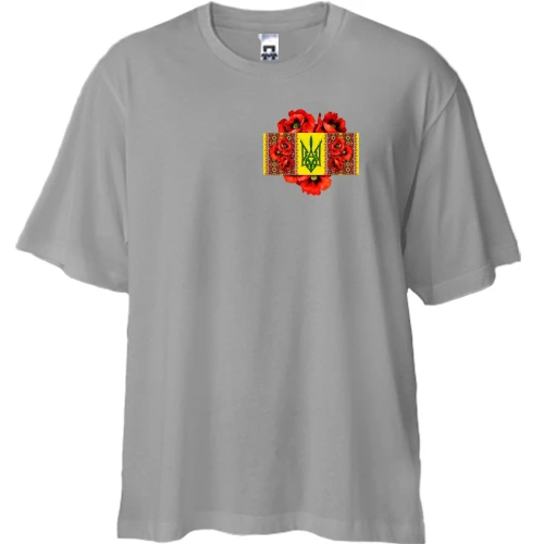 Футболка двонитка Oversize, Сірий, з Тризубом та маками