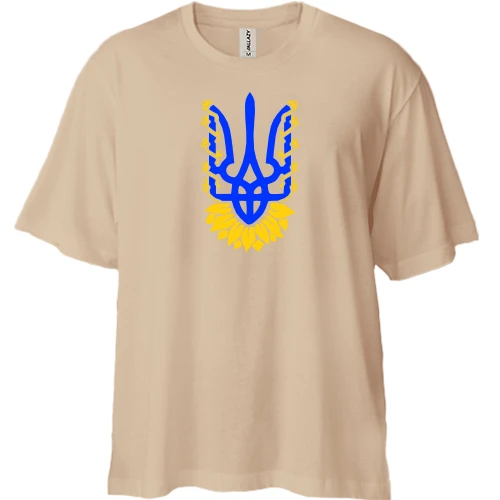Футболка двунитка Oversize, Белый, с синим тризубом, золотыми ветвями и подсолнухом