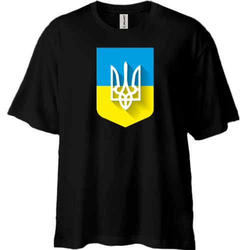 Футболка двонитка Oversize, Чорний, з Тризубом на фоні українського прапора