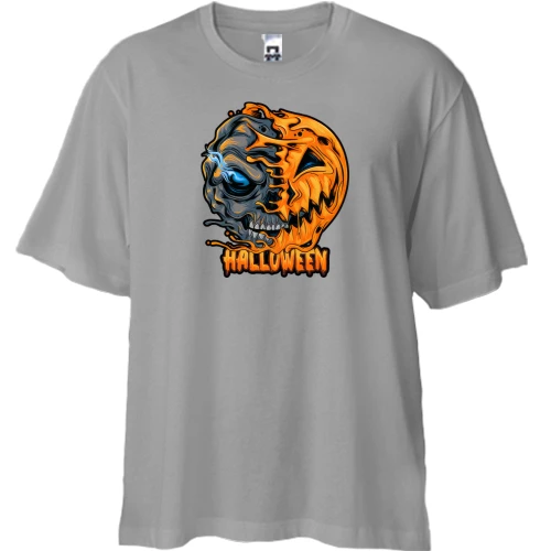 Футболка двунитка Oversize, Серый, Halloween с черепом-тыквой