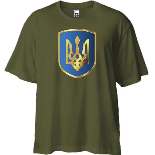 Футболка двонитка Oversize, Хакі, з тризубом на синьому щиті