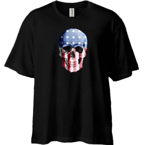 Футболка двунитка Oversize, Черный, "Череп в цветах флага США"