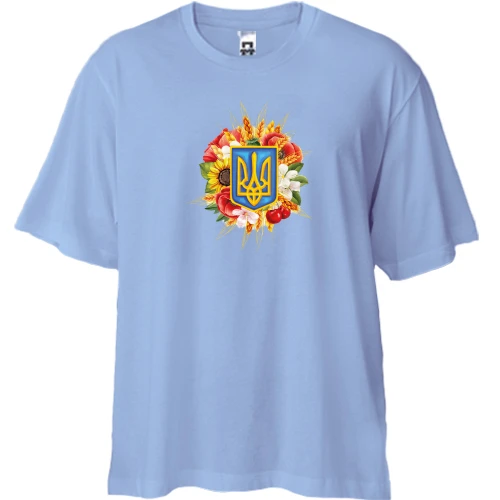 Футболка двунитка Oversize, Синий, "Тризубы и цветы"