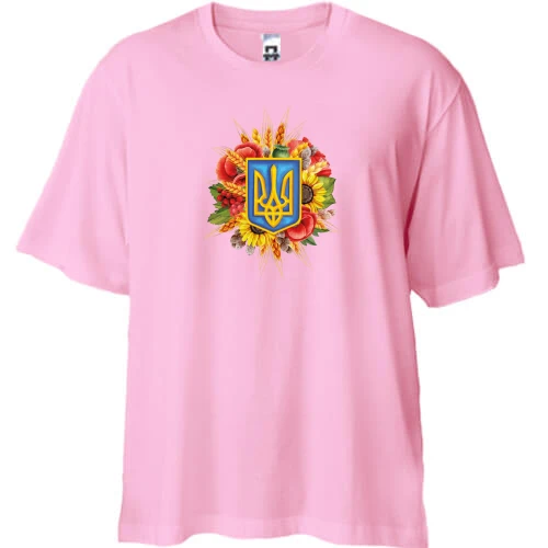 Футболка двонитка Oversize, Рожевий, "Тризуби та квіти" (2)
