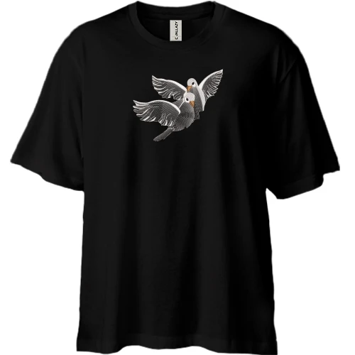 Футболка двунитка Oversize, Черный, с вышитыми голубями