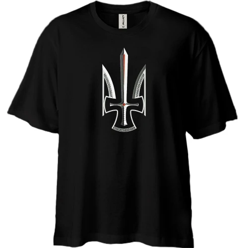 Футболка двунитка Oversize, Черный, "Тризубец с мечом"
