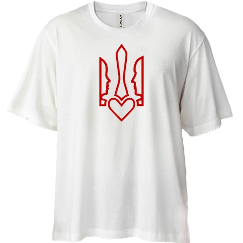 Футболка двонитка Oversize, Білий, з червоним тризубом і профілями пари