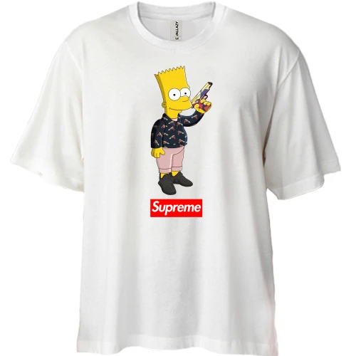 Футболка двонитка Oversize, Білий, Барт Сімпсон з написом Supreme