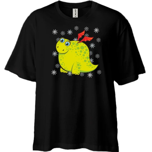 Футболка двунитка Oversize, Черный, Толстый дракоша со снежинками