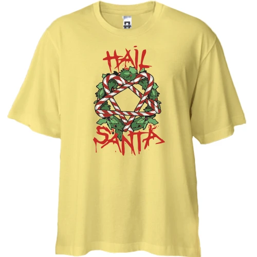 Футболка двунитка Oversize, Желтый, с рождественским венком "Hail Santa"