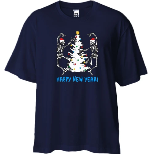Футболка двонитка Oversize, Синій, з скелетами та ялинкою "Happy New Year"