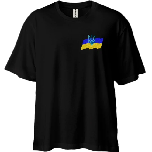 Футболка двунитка Oversize, Черный, с флагом и тризубом на груди