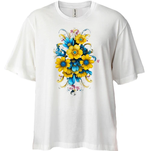 Футболка двунитка Oversize, Белый, Желто-синий цветочный арт (2)