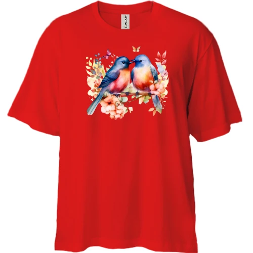 Футболка двунитка Oversize, Красный, с парой снегирей