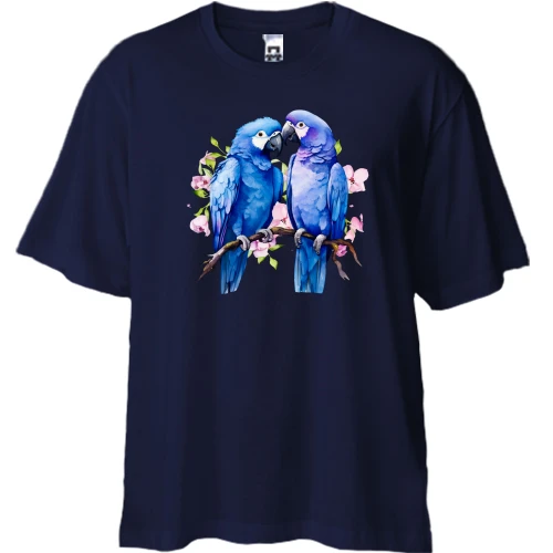 Футболка двонитка Oversize, Синій, з синіми папугами