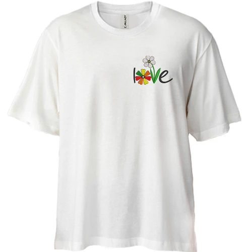Футболка двунитка Oversize, Белый, с надписью Love с цветочками
