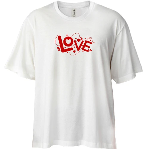 Футболка двунитка Oversize, Белый, с надписью Love и сердечками
