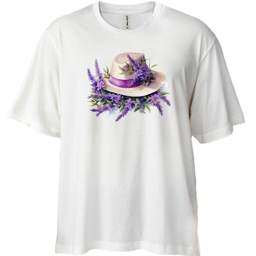Футболка двонитка Oversize, Білий, Капелюх з лавандою
