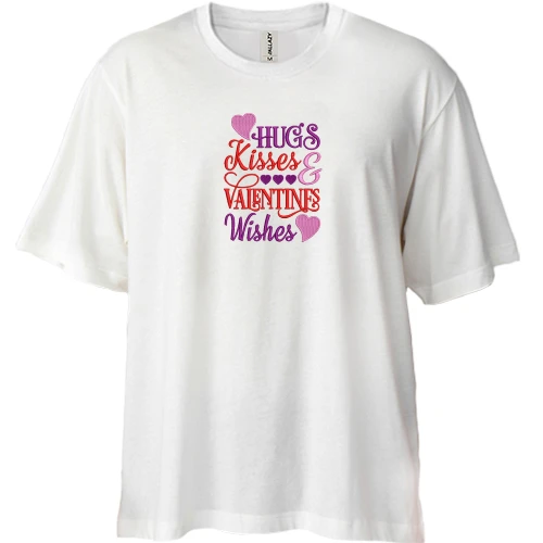 Футболка двунитка Oversize, Белый, Hugs Kisses Valentines Wishes