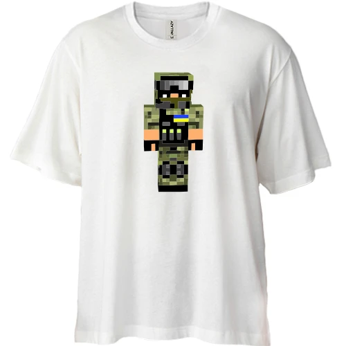Футболка двунитка Oversize, Белый, Воин ВСУ в стиле Minecraft