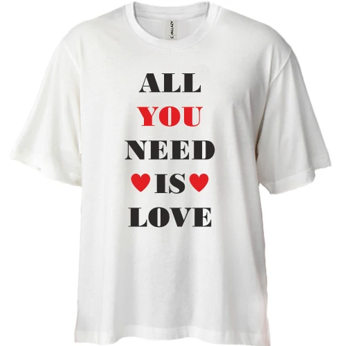 Футболка двонитка Oversize, Білий, з написом «All you need is love» і сердечками