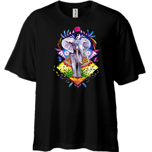 Футболка двунитка Oversize, Черный, с арт-слоном