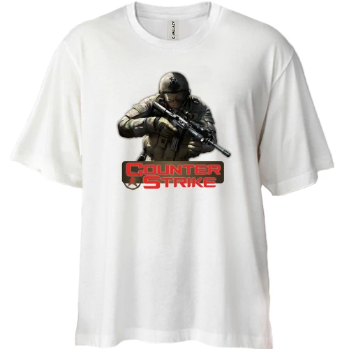 Футболка двунитка Oversize, Белый, с бойцом и красным логотипом Counter Strike