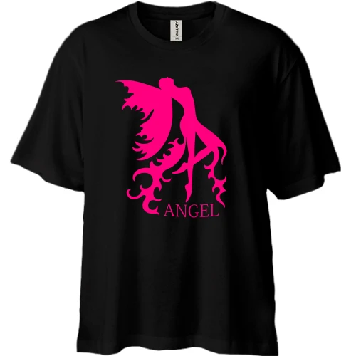Футболка двонитка Oversize, Чорний, з рожевим янголом ANGEL