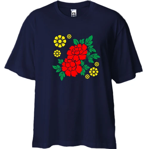 Футболка двунитка Oversize с красными пионами и жёлтыми цветами