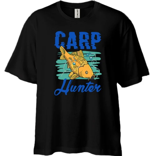 Футболка двунитка Oversize, Черный, с золотистым карпом «Carp Hunter»
