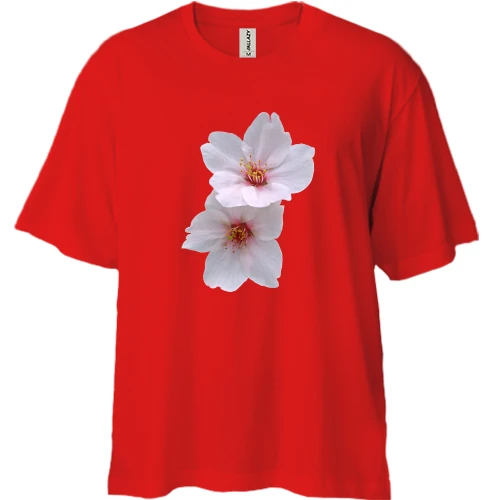 Футболка двунитка Oversize, Красный, с белыми цветами (3)