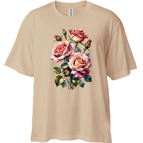 Футболка двунитка Oversize, Бежевый, с рисунком букета роз (2)
