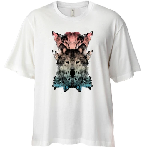 Футболка двонитка Oversize, Білий, з вовками - арт