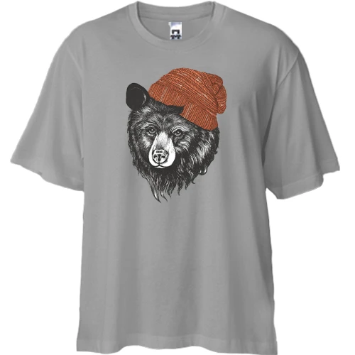 Футболка двонитка Oversize, Сірий, з ведмедем в шапці