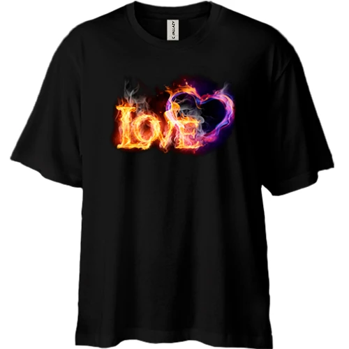 Футболка двунитка Oversize, Черный, с огненной надписью Love