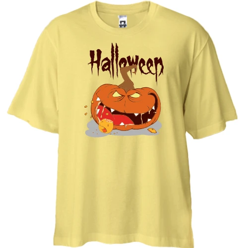 Футболка двонитка Oversize, Жовтий, Halloween Зубаста Гарбуз
