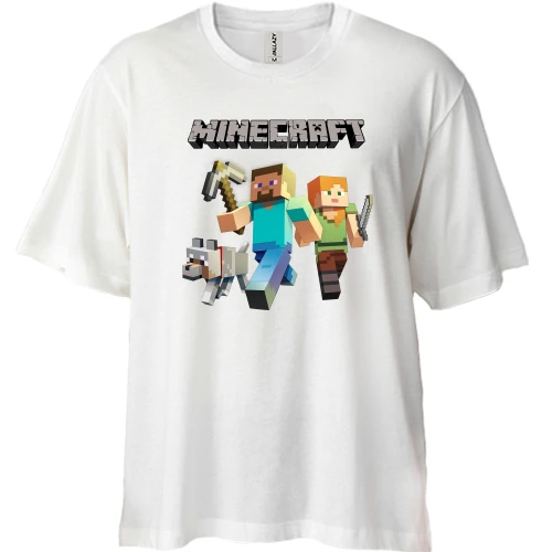 Футболка двунитка Oversize, Белый, со Стивом, Алекс и волком из Minecraft