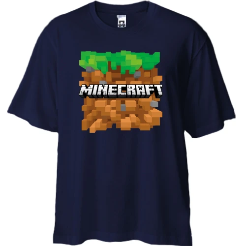 Футболка двунитка Oversize, Синий, с блоком земли и логотипом Minecraft