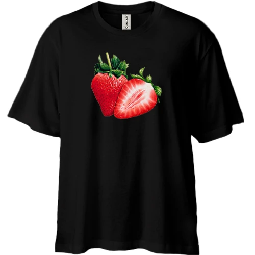 Футболка двонитка Oversize, Чорний, з полуницею 2