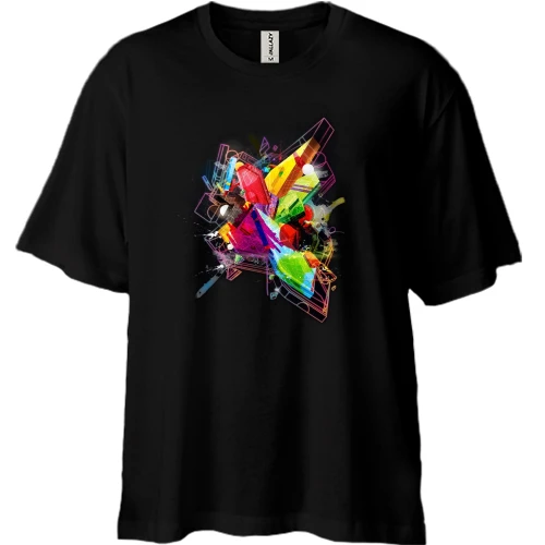 Футболка двунитка Oversize, Черный, с цветной 3-D абстракцией