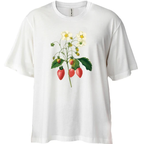 Футболка двунитка Oversize, Белый, с цветущей веточкой земляники