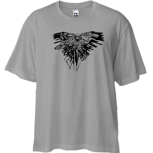 Футболка двунитка Oversize с трехглазым вороном и волком