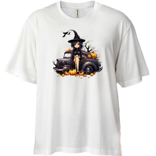 Футболка двунитка Oversize, Белый, Halloween-Ведьма на старой машине