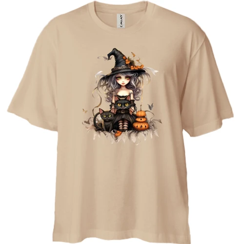 Футболка двунитка Oversize, Бежевый, с Halloween-ведьмой и котиком