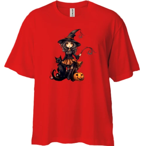 Футболка двонитка Oversize, Червоний, з Halloween-відьмою, котиком і усміхненим гарбузом