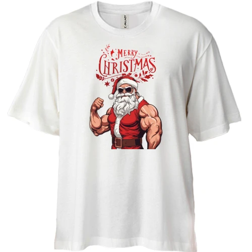 Футболка двонитка Oversize, Білий, Крутий Санта - Merry Christmas (2)